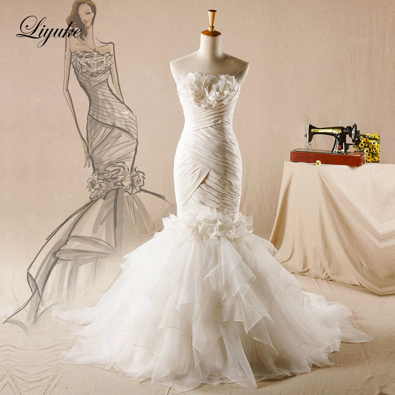 "Chic Tulle Strapless Mermaid Wedding Dress Court Train Lace Up Beading Appliques" - AH Boutique