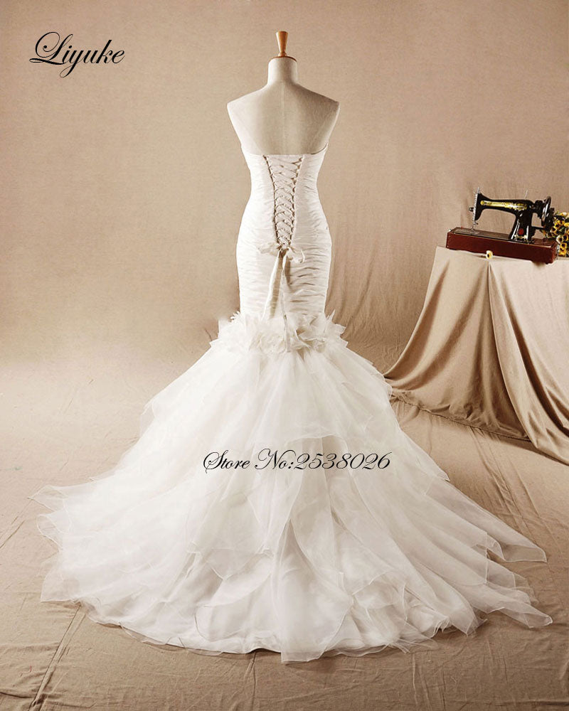 "Chic Tulle Strapless Mermaid Wedding Dress Court Train Lace Up Beading Appliques" - AH Boutique