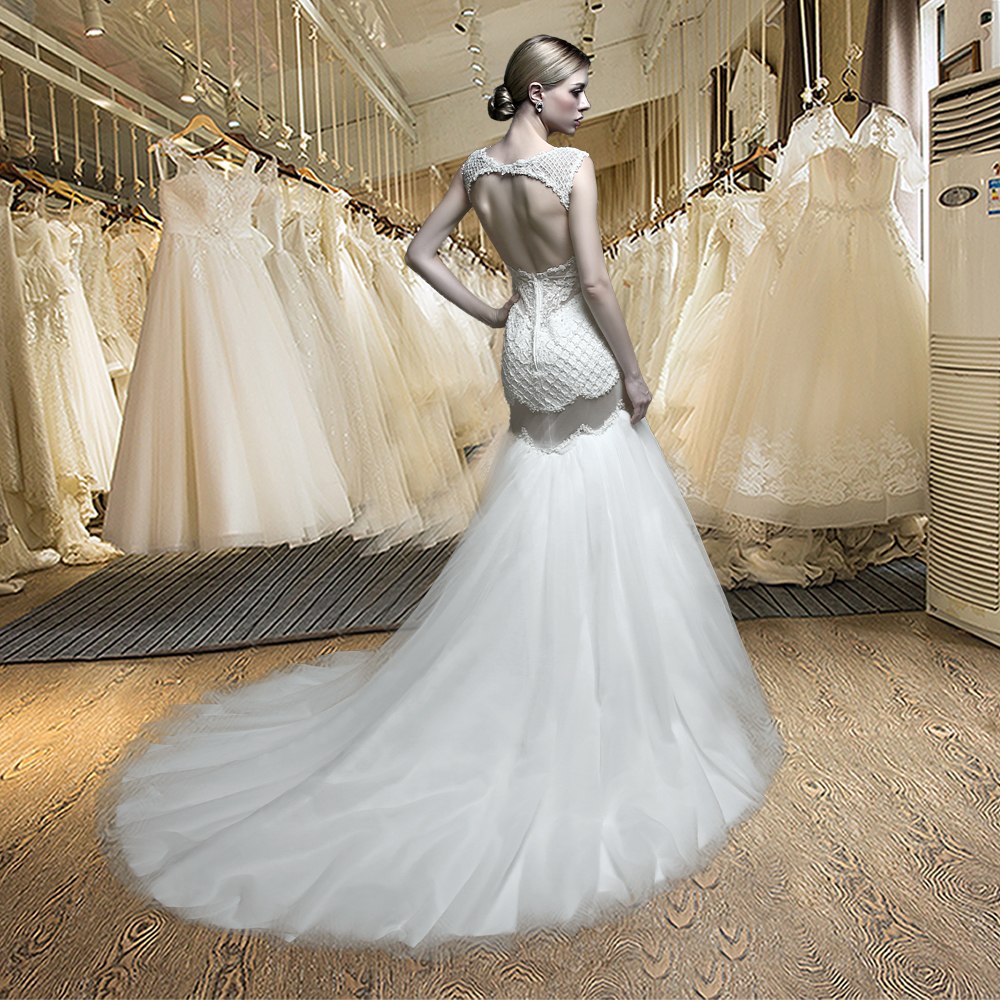 "Open Back Mermaid Wedding Dress" - AH Boutique