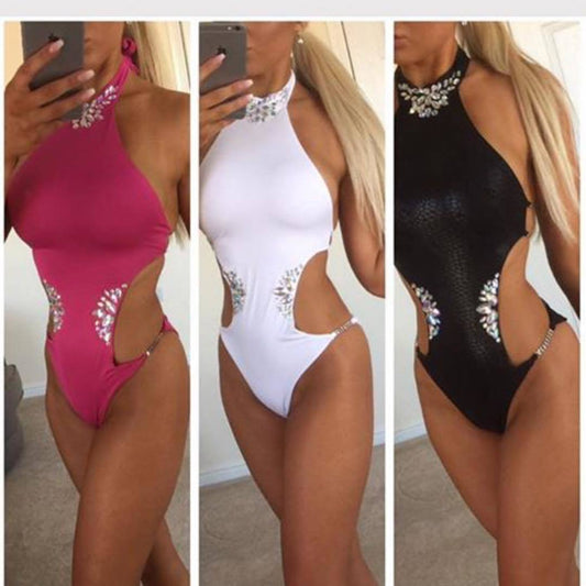 'Crystaled Cutout Halter Backless Swimsuit" (3 Color Choices) - AH Boutique
