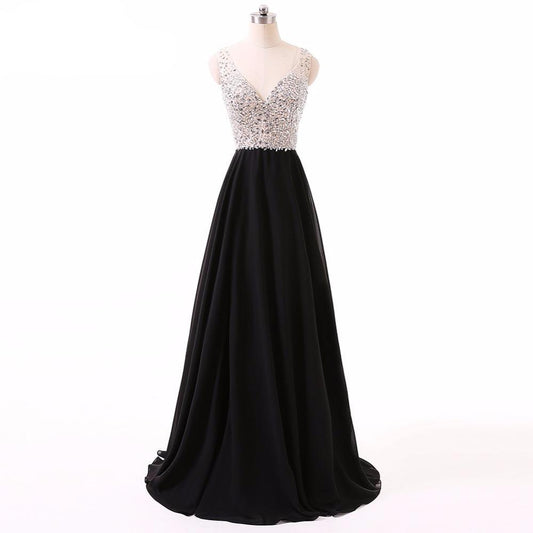 "Sleeveless V Neck Sparkling Chiffon Crystal Beaded Long Prom Dress" (CUSTOMIZABLE) - AH Boutique
