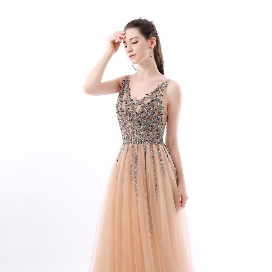 "V-Neck Sparkly Long Tulle Prom Gown" (CUSTOMIZABLE) - AH Boutique
