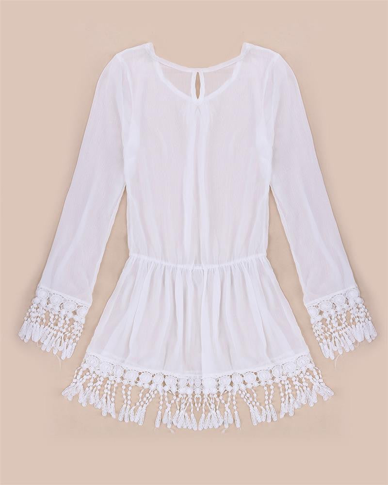 "Boho Mini" Chiffon Swimsuit Cover Up Dress With Fringe White Or Black - AH Boutique
