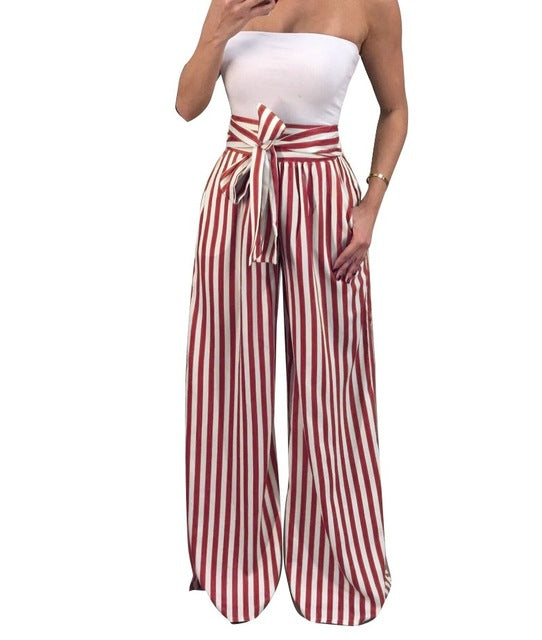 "High Waist Wide Leg Bow Tie Striped Palazzo Pants" - AH Boutique