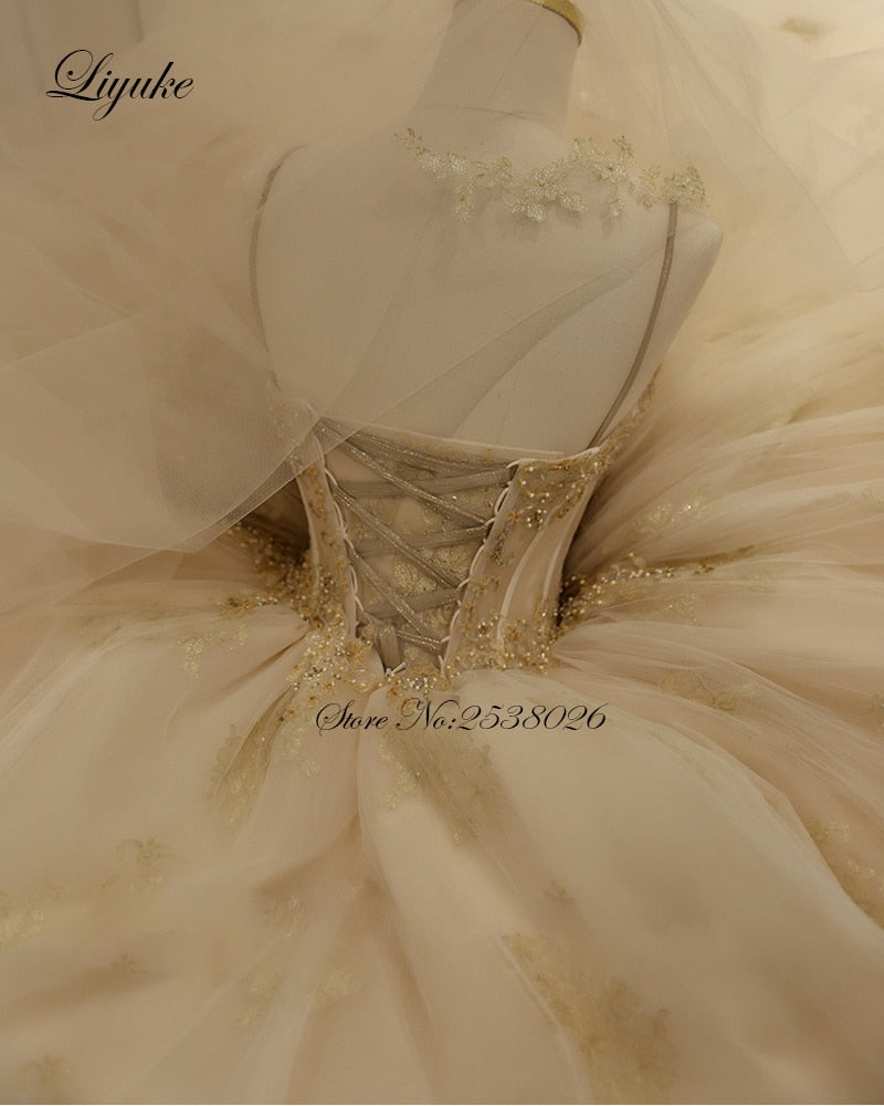 "Ballerina Inspired Champagne Spaghetti Straps Wedding Gown with Beading" - AH Boutique