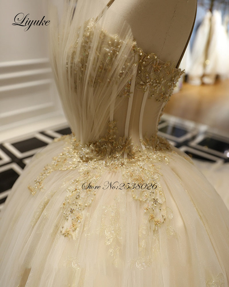"Ballerina Inspired Champagne Spaghetti Straps Wedding Gown with Beading" - AH Boutique