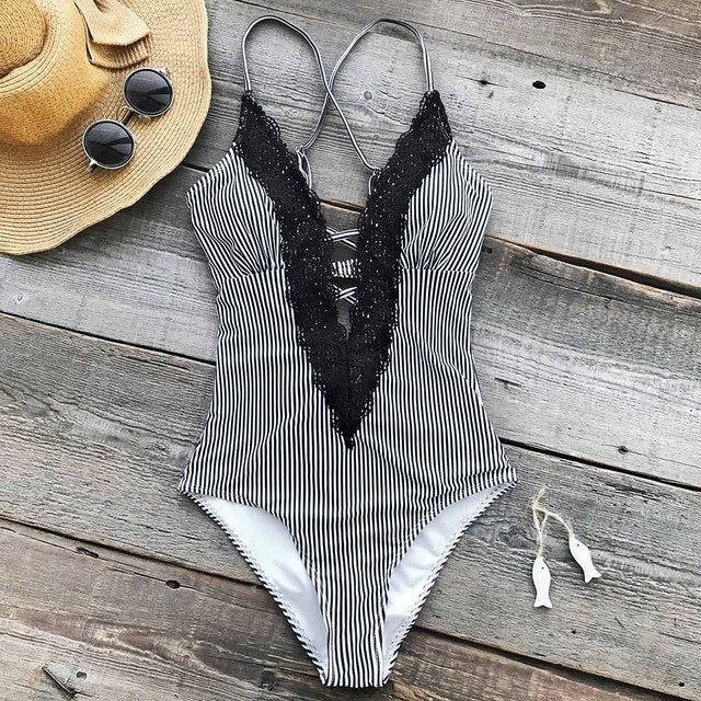 "Black & White Strip Deep V Neck Lace One-piece Swimsuit" - AH Boutique
