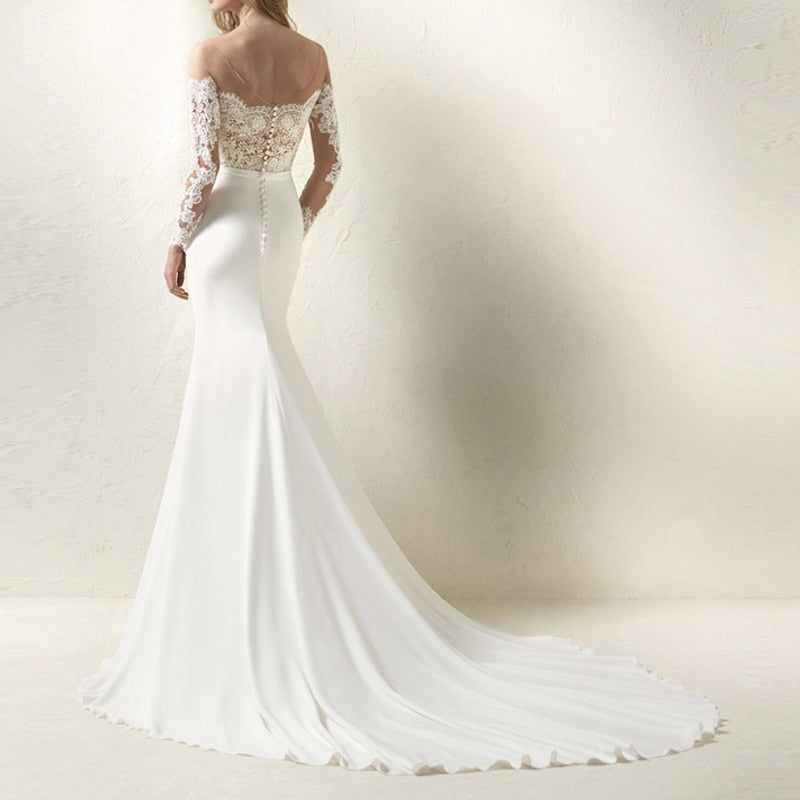 "White Strapless V-neck Mermaid With Illusion Lace Long Sleeve Bridal Gown" - AH Boutique