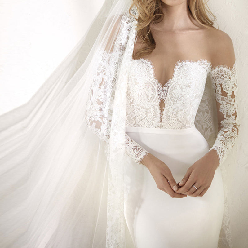 "White Strapless V-neck Mermaid With Illusion Lace Long Sleeve Bridal Gown" - AH Boutique
