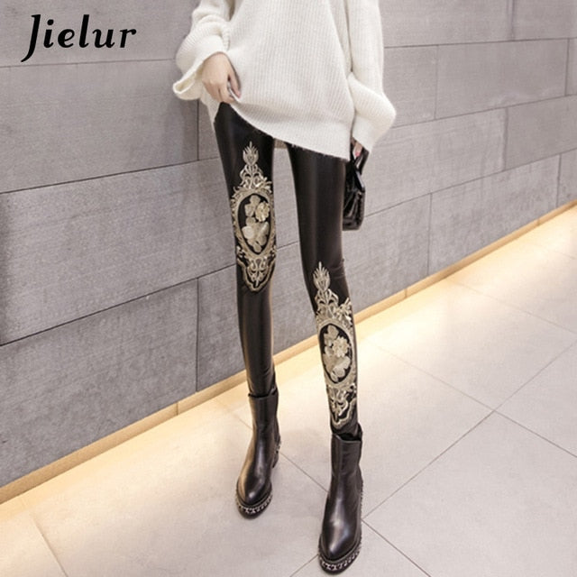 Faux Leather Lace Embroidery Fleece Lined Pencil Leggings - AH Boutique