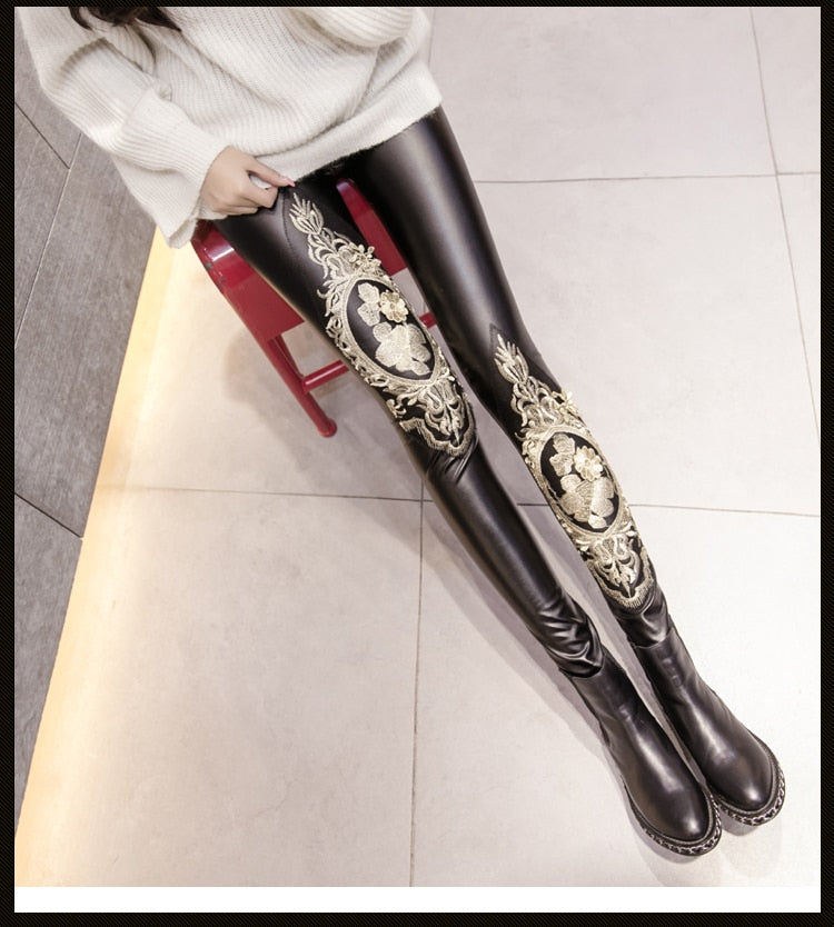 Faux Leather Lace Embroidery Fleece Lined Pencil Leggings - AH Boutique