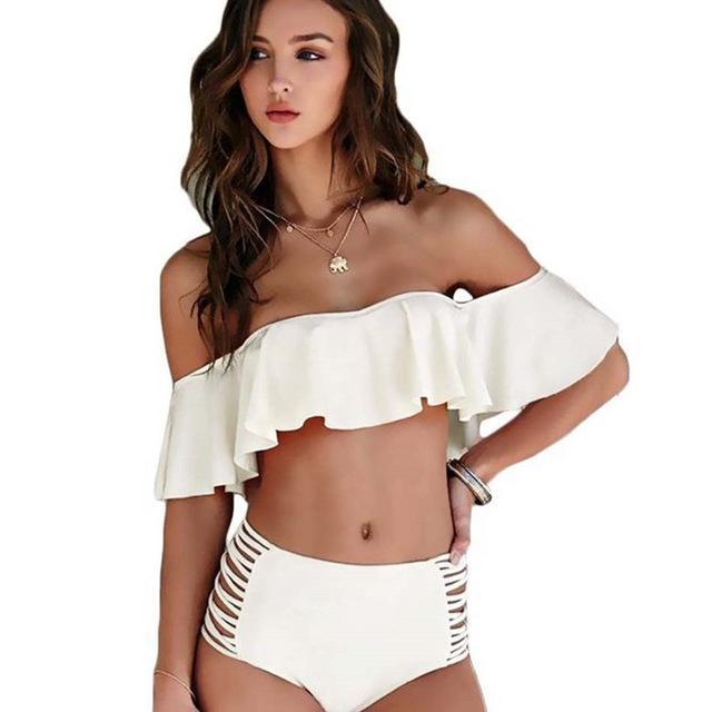 "Ruffle Bandeau Off Shoulder High Waist Bikini" (5 Color Options) - AH Boutique